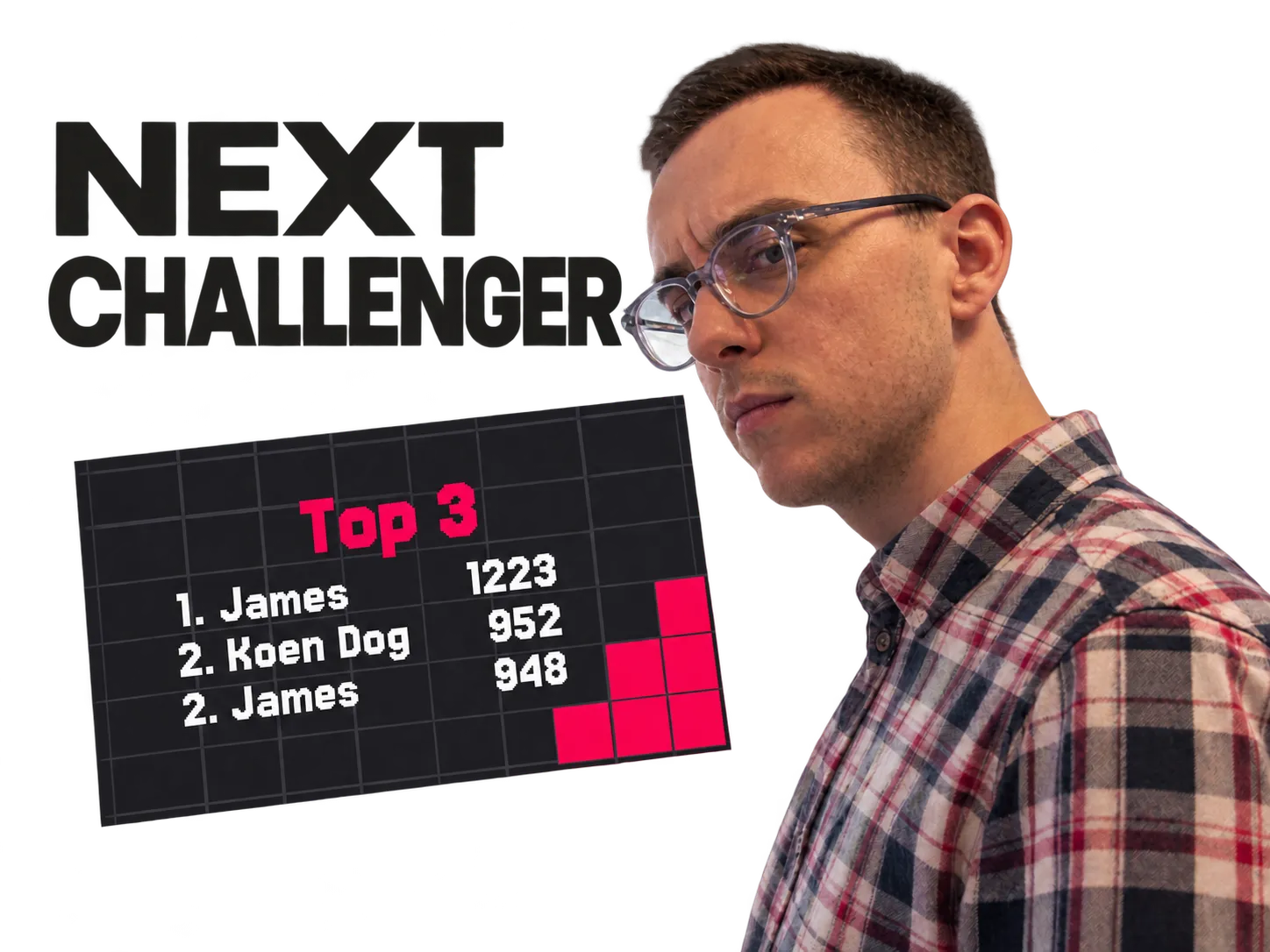 Photographic montage based on the social demo: the next challenger reacts beside the game's high-score leaderboard. Heading reads NEXT CHALLENGER.