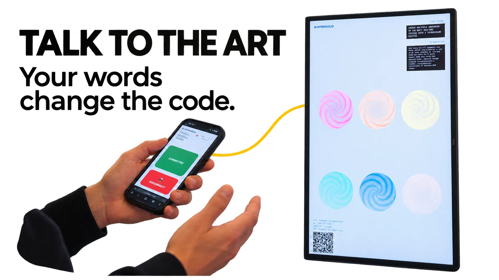 Illustration based on the installation walkthrough: a visitor's phone connects to a portrait display showing generative shapes, their prompt and the AI's response.